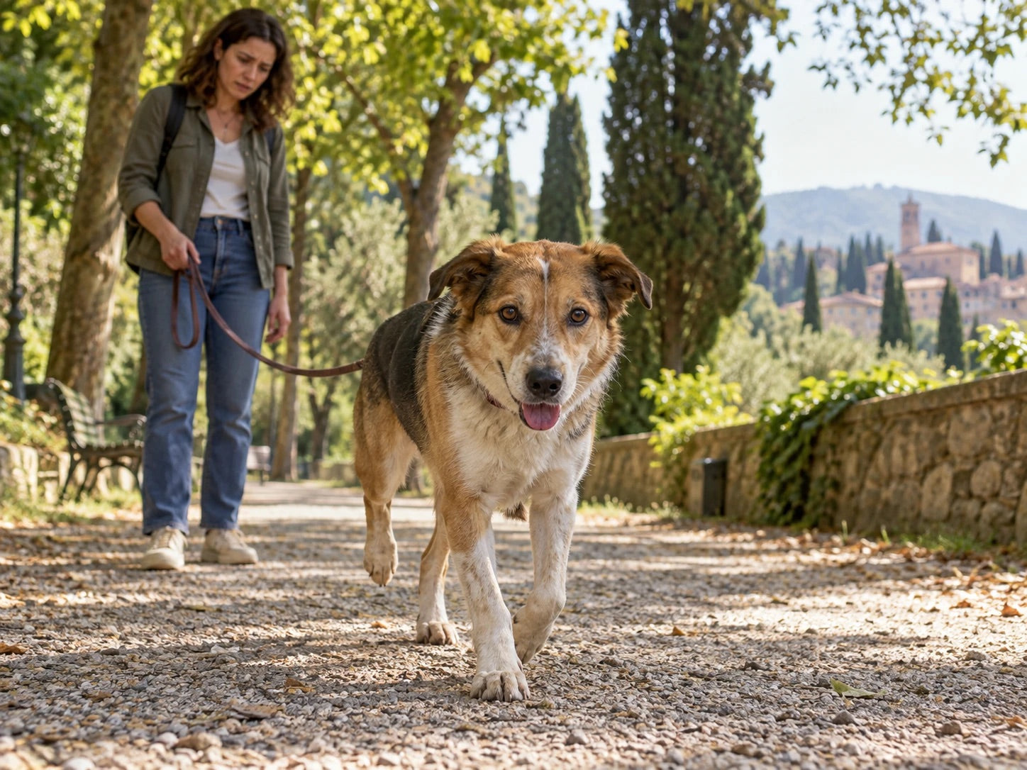Cane che zoppica durante la passeggiata, con il proprietario preoccupato