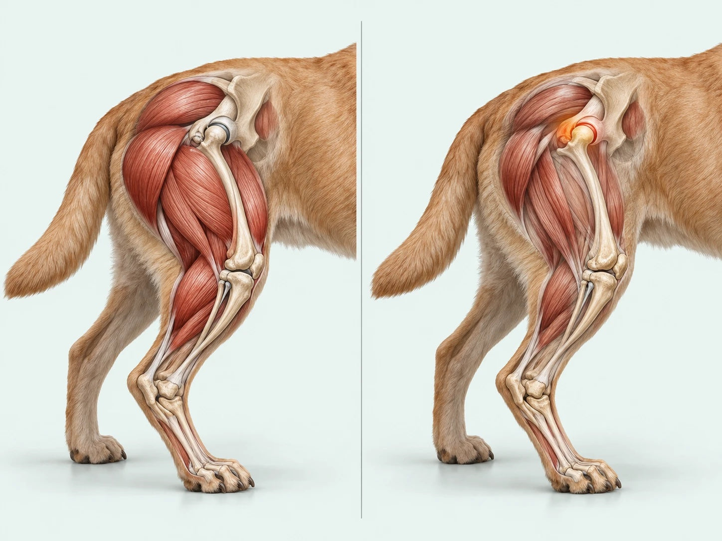 La stessa zampa posteriore del cane con il muscolo pieno e con il muscolo assottigliato attorno all'anca