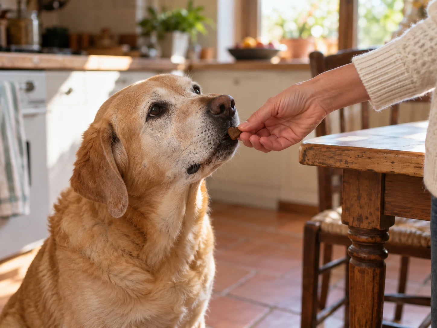 Un labrador anziano prende uno snack morbido a forma di cuore dalla mano della proprietaria, in cucina