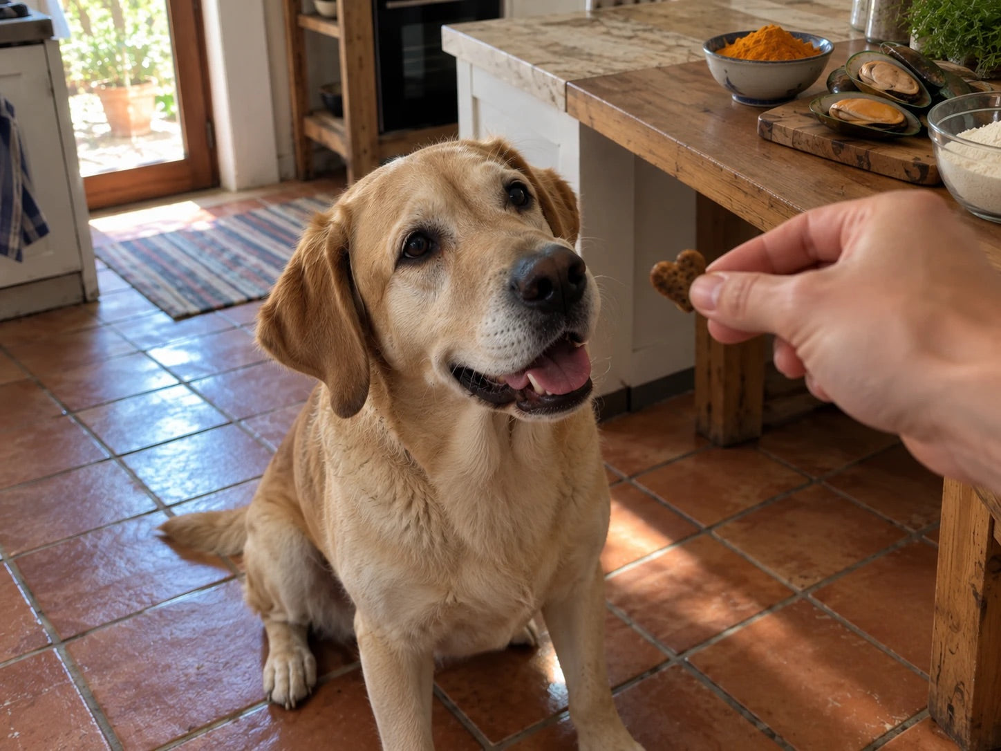Proprietario che dà un bocconcino al suo labrador in cucina